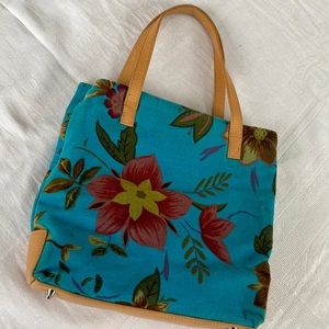 Small fabric floral handbag. Blue/teal corduroy fabric with beige leather straps